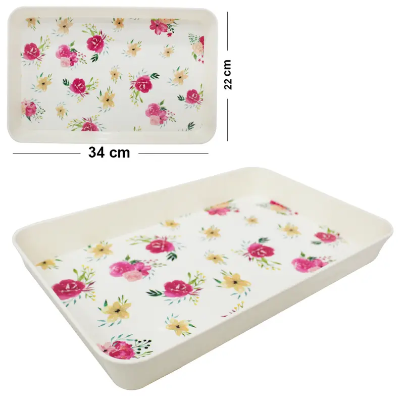 BANDEJA DE PLASTICO RETANGULAR FLORAL 34X22X4CM