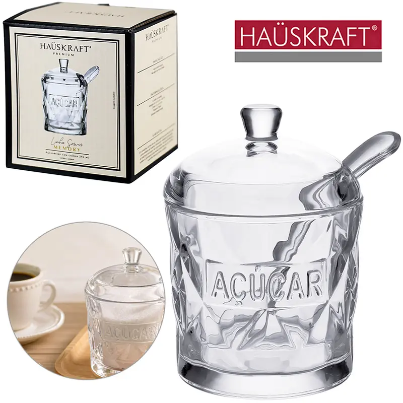 ACUCAREIRO DE VIDRO COM TAMPA + COLHER DE ACRILICO LINHA SERVIR MEMORY HAUSKRAFT PREMIUM 240ML