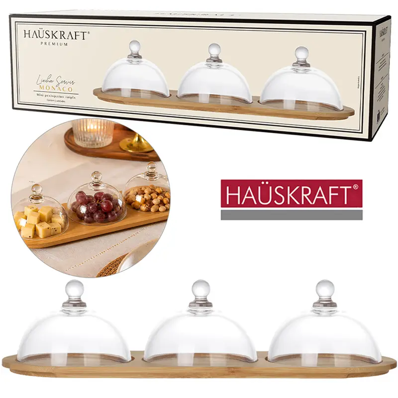 BANDEJA MINI PETISQUEIRA DE BAMBU OVAL TRIPLA + TAMPA DE VIDRO CRISTAL LISO LINHA SERVIR MONACO HAUSKRAFT PREMIUM