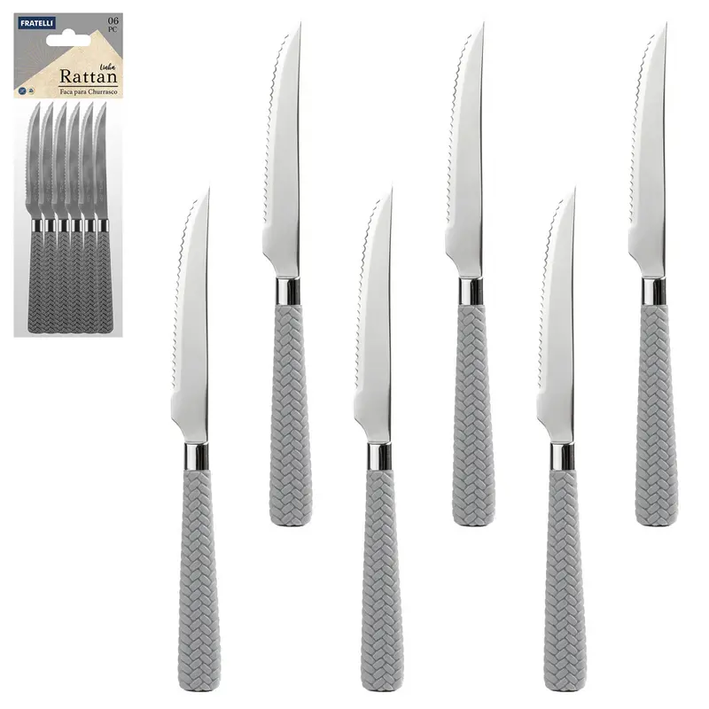 FACA DE CHURRASCO DE INOX 4,5'' CABO PLASTICO RATTAN CINZA 6 PECAS