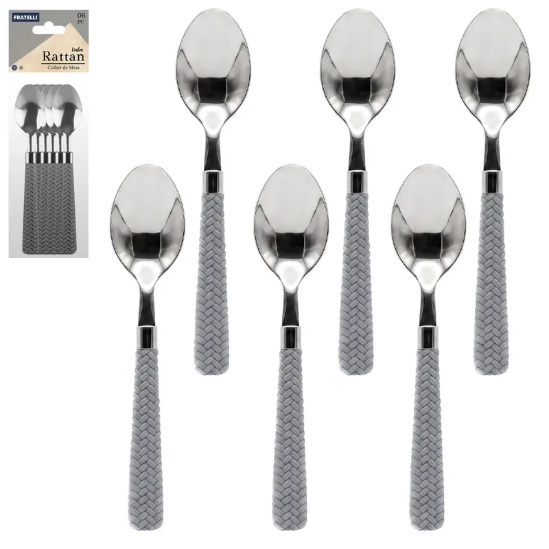 COLHER DE MESA DE INOX CABO PLASTICO RATTAN CINZA 6 PECAS 18,5X3,8CM