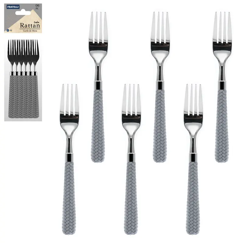 GARFO DE MESA DE INOX CABO PLASTICO RATTAN CINZA 6 PECAS 19X2,5CM