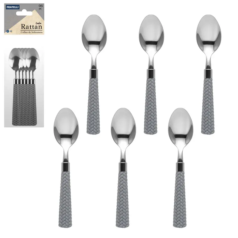 COLHER DE SOBREMESA DE INOX CABO PLASTICO RATTAN CINZA 6 PECAS 15CM