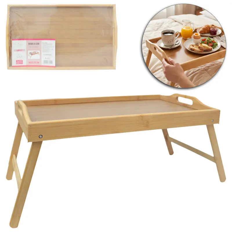 MESA BANDEJA DE MADEIRA / BAMBU RETANGULAR COM PES RETRATEIS 49X29X4CM