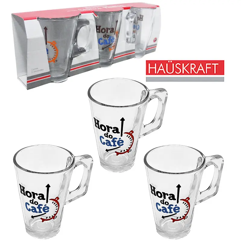 JOGO DE CANECA XICARA DE VIDRO PARA CAFE / CAPPUCCINO PRINTED HAUSKRAFT COM 3 PECAS 230ML