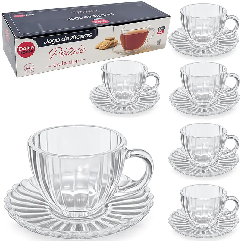 JOGO DE XICARA DE VIDRO COM PIRES PARA CAFE PETALE COLLECTION TRANSPARENTE 12 PECAS 100ML