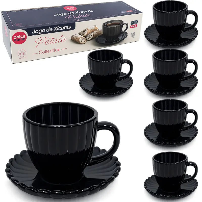 JOGO DE XICARA DE VIDRO COM PIRES PARA CAFE PETALE COLLECTION PRETA 12 PECAS 100ML