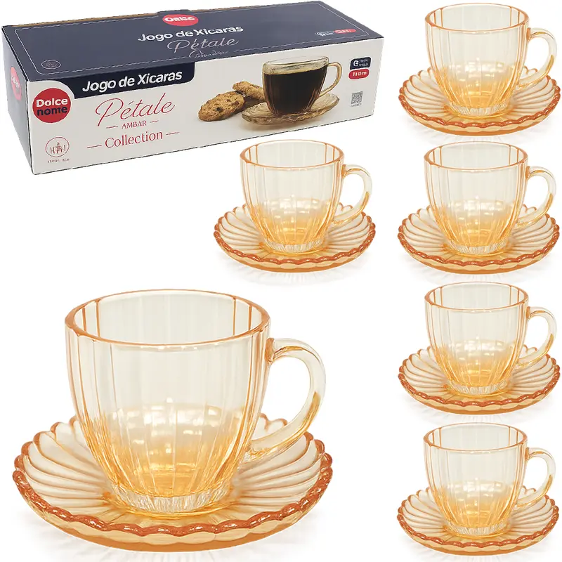 JOGO DE XICARA DE VIDRO COM PIRES PARA CAFE PETALE COLLECTION AMBAR 12 PECAS 100ML