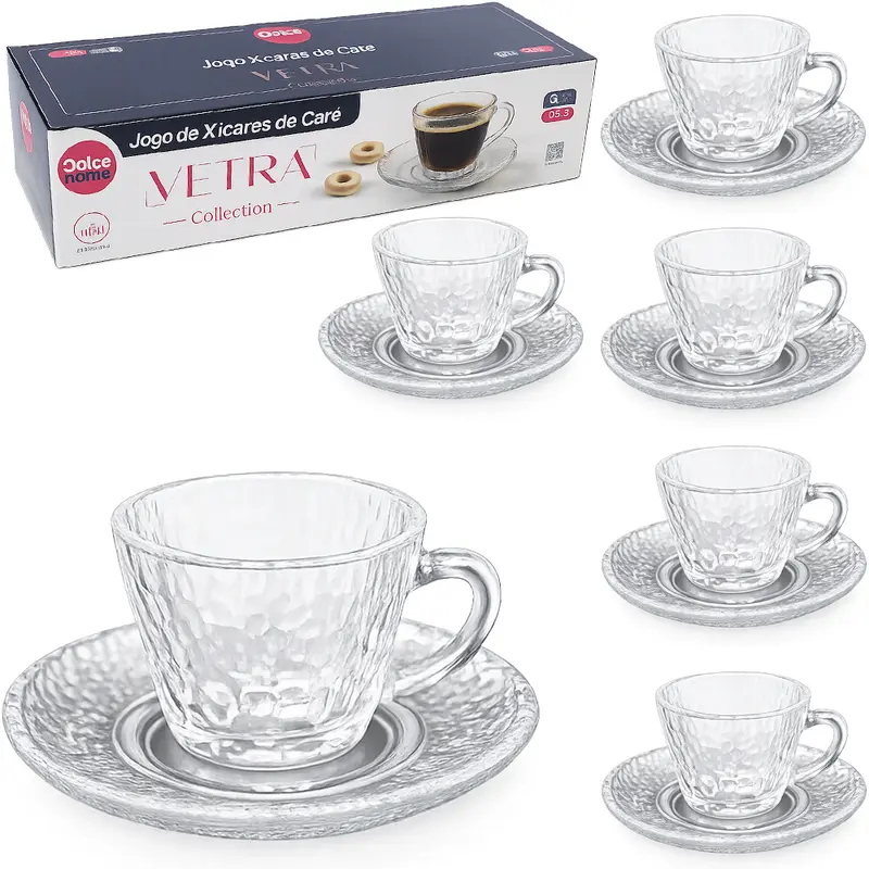 JOGO DE XICARA DE VIDRO CRAQUELADO COM PIRES PARA CAFE VETRA COLLECTION TRANSPARENTE 6 KITS (12 PECAS) 90ML