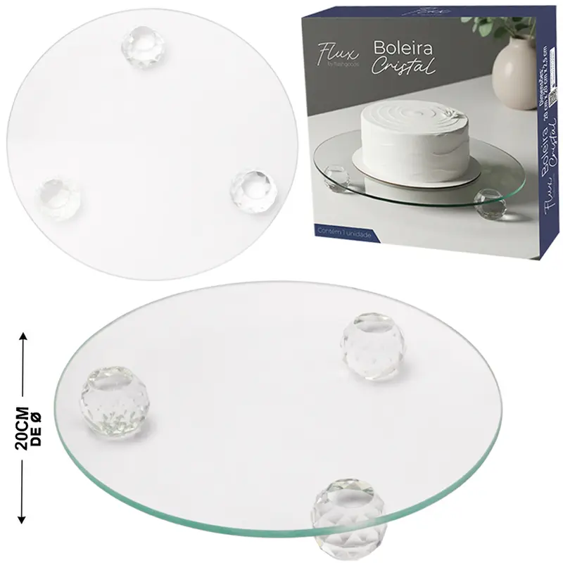 PRATO DE VIDRO CRISTAL PARA BOLO / DOCES COM PE FLUX TRANSPARENTE 2,5X20CM DE Ø