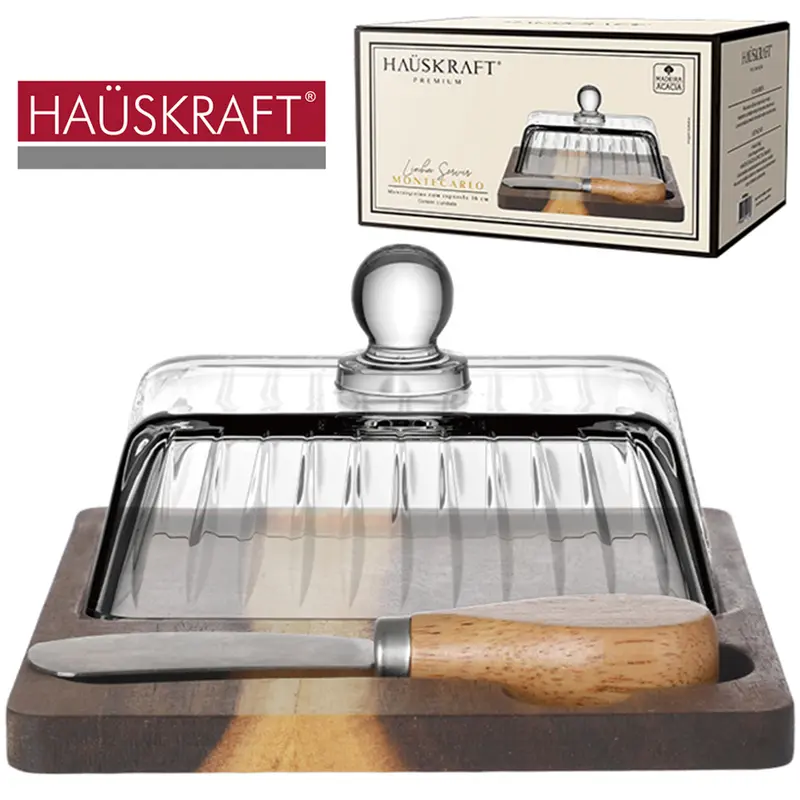 MANTEIGUEIRA MADEIRA ACACIA+ESPATULA+TAMPA DE VIDRO CRISTAL CANELADO LINHA SERVIR MONTECARLO PREMIUM