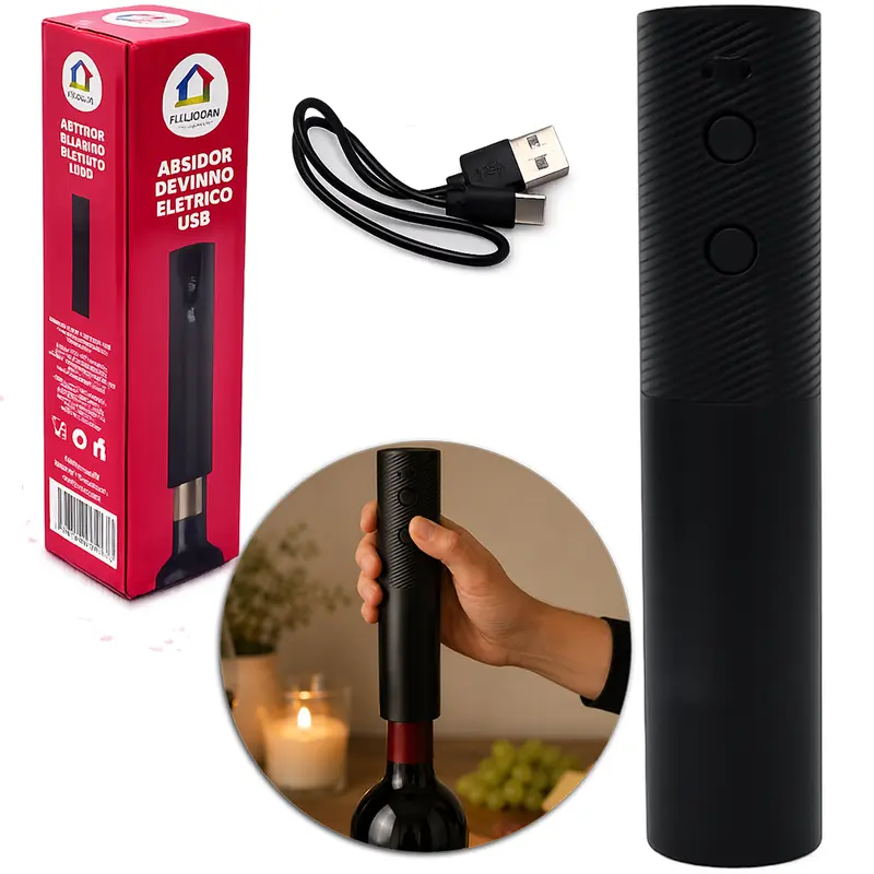 ABRIDOR DE VINHO / SACA ROLHA DE INOX / PLASTICO RECARREGAVEL COM CABO USB 20X4,5CM DE Ø