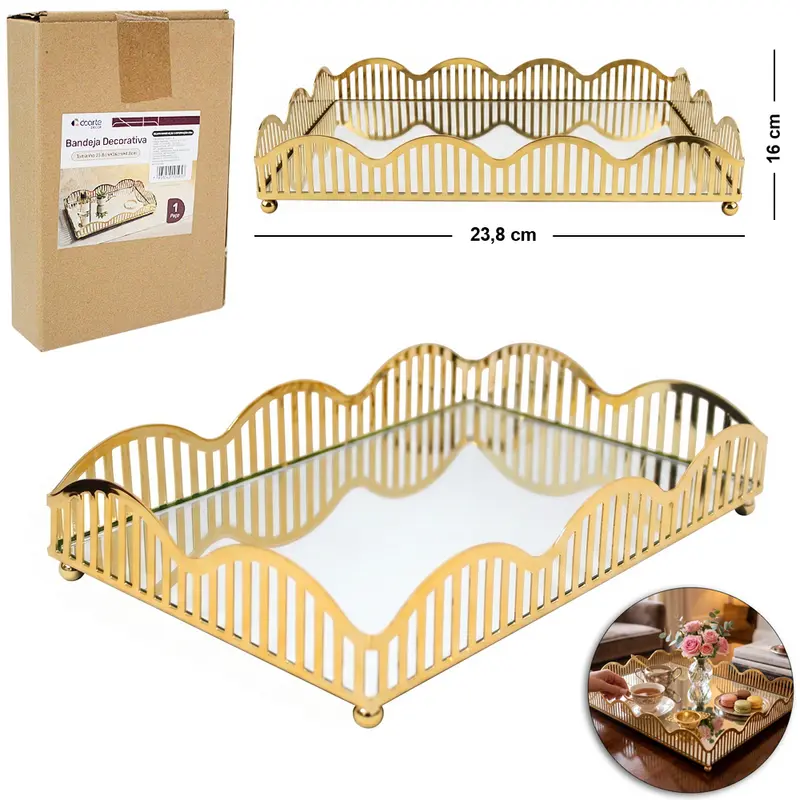 BANDEJA DE METAL COM ESPELHO RETANGULAR DECORATIVA METALIZADO DOURADO DECOR P 23,8X16X4,8CM