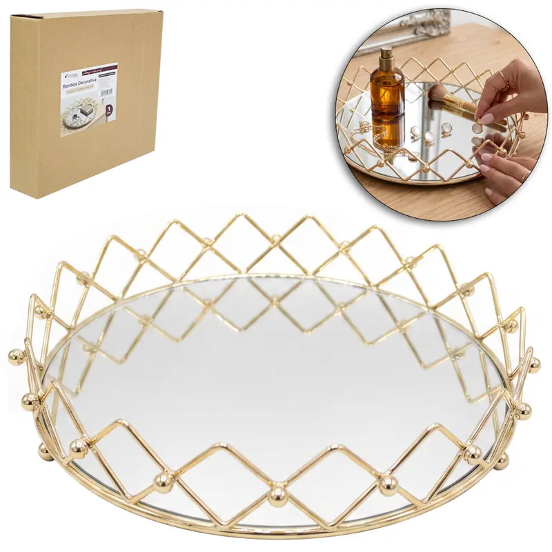 BANDEJA ARAMADO COM ESPELHO REDONDO DECORATIVA METALIZADO DOURADO DECOR M 5,3X24,5CM DE Ø