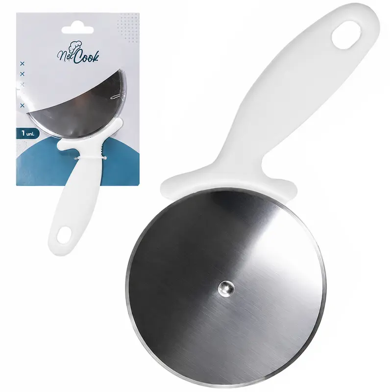 CARRETILHA CORTADOR DE PIZZA DE INOX CABO PLASTICO BRANCO NEX COOK 21X10CM