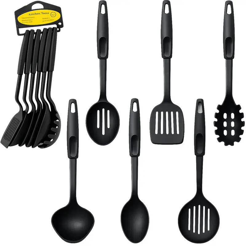 KIT UTENSILIOS COM 2 COLHER / CONCHA / PEGADOR / ESCUMADEIRA / ESPATULA VAZADA DE NYLON NEX COOK PRETO