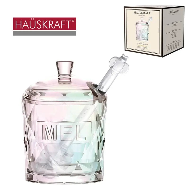 PORTA MEL / MELEIRA VIDRO CRISTAL COM TAMPA + PEGADOR ACRILICO LINHA SERVIR MEMORY HAUSKRAFT PREMIUM CINTILANTE