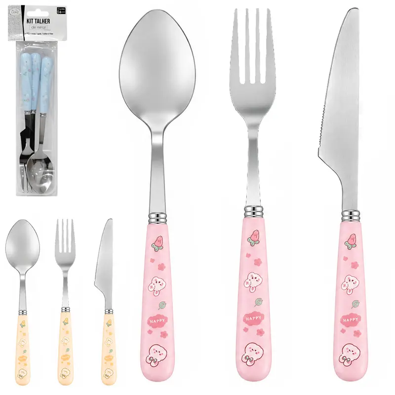 CONJUNTO DE TALHER COM GARFO + FACA E COLHER DE INOX CABO PLASTICO 3 PECAS NO ESTOJO