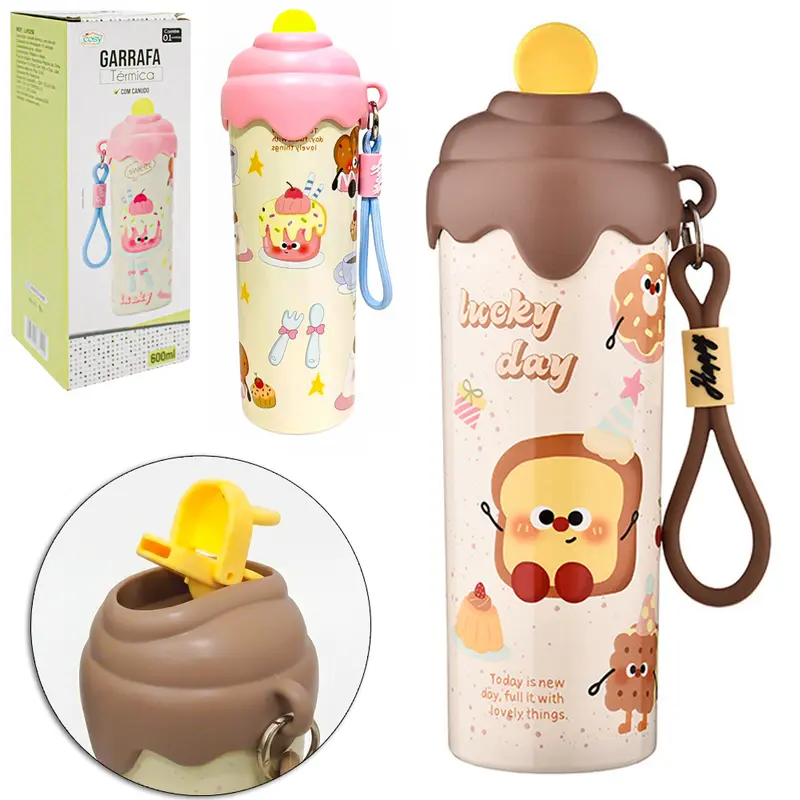 GARRAFA TERMICA DECORADA COM PAREDE DUPLA DE INOX + CANUDO E ALCA 600ML