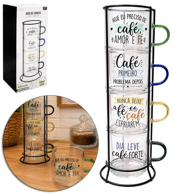 JOGO XICARA / CANECA VIDRO EMPILHAVEL CAFE / CAPPUCCINO 4 PECAS 150ML + SUPORTE ARAMADO