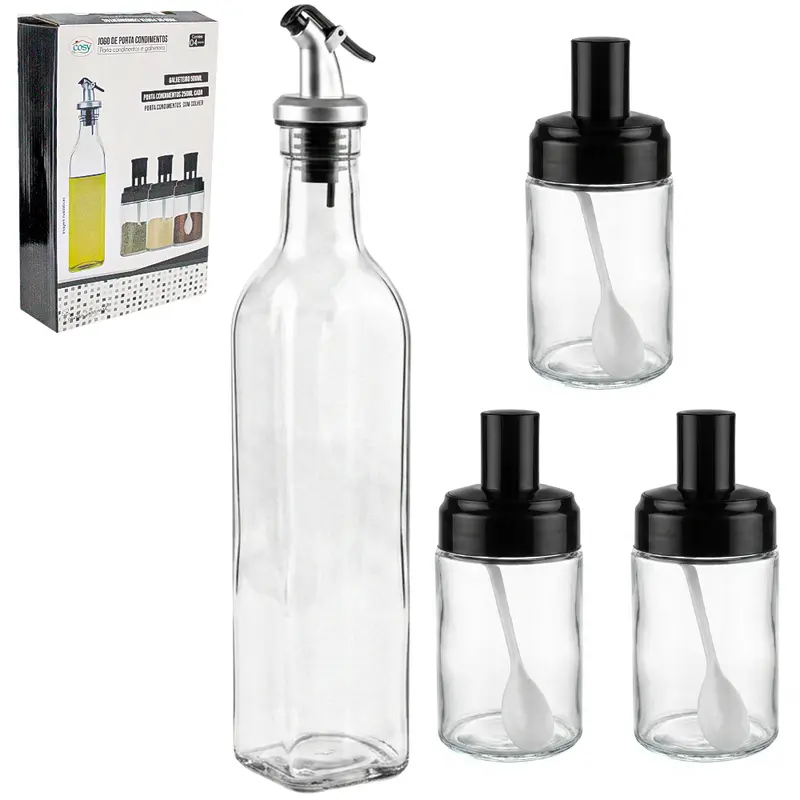JOGO PORTA CONDIMENTO 3 PECAS 250ML + COLHER + TAMPA E AZEITEIRO / VINAGREIRO DE VIDRO 500ML