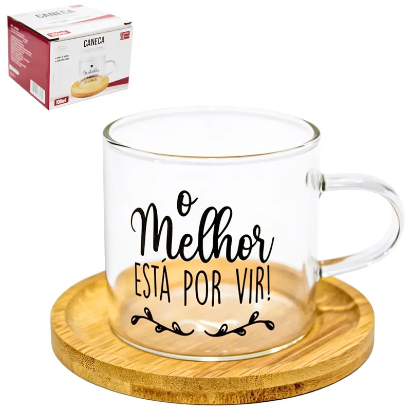 CANECA XICARA DE VIDRO BOROSSILICATO FRASES 100ML COM PIRES DE BAMBU