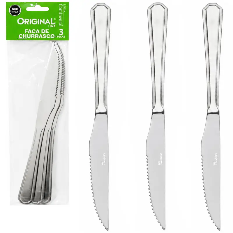 FACA DE CHURRASCO CONTINENTAL DE INOX COM 3 PECAS 22CM