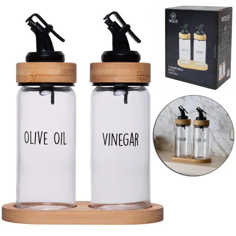 AZEITEIRO COM VINAGREIRO DE VIDRO COM TAMPA + GOLA E SUPORTE DE BAMBU WOLFF 225ML