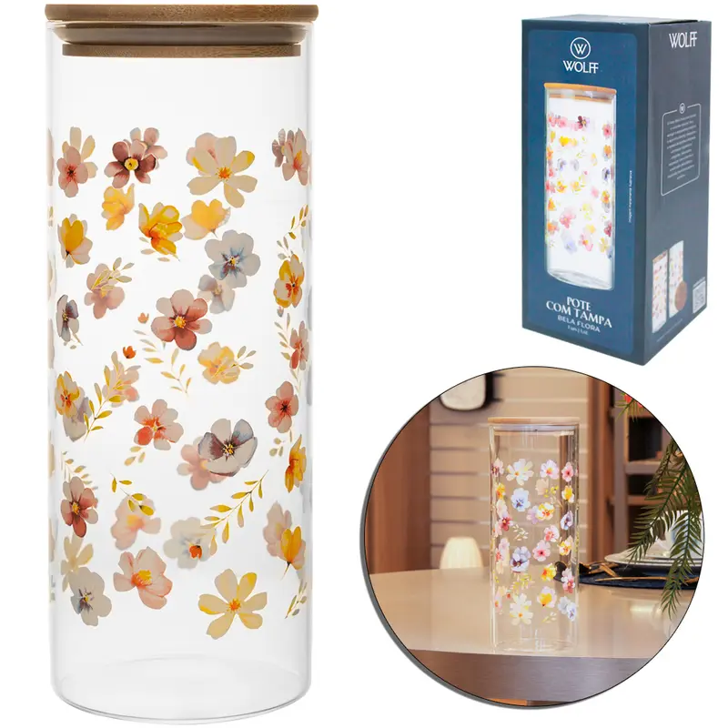 POTE DE VIDRO BOROSSILICATO BELA FLORA REDONDO COM TAMPA HERMETICA MADEIRA / BAMBU WOLFF 1,4L