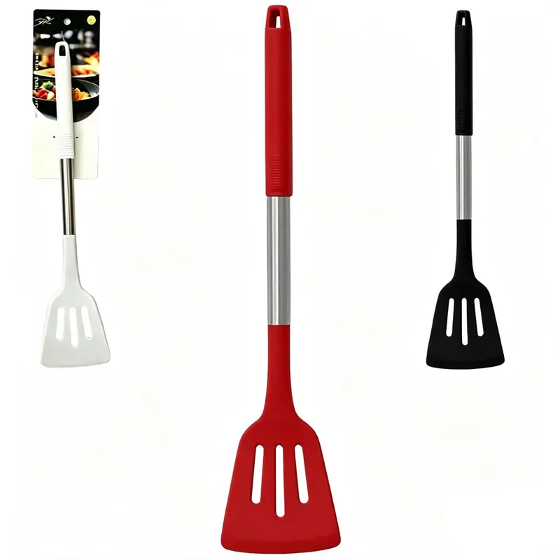 ESPATULA DE SILICONE VAZADA BRANCO / PRETO / VERMELHO CABO DE INOX PREMIUM TOP CASA 33,5X7,5CM