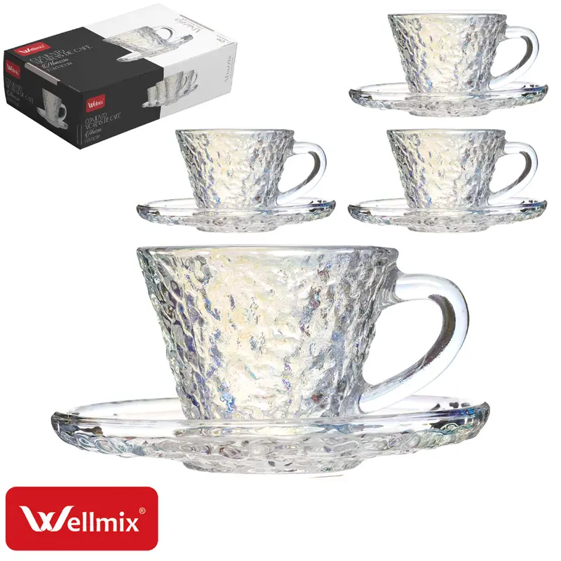 JOGO DE XICARA DE VIDRO CRAQUELADO COM PIRES PARA CAFE ABAZZIA COLLECTION FURTACOR CINTILANTE 8 PECAS 90ML