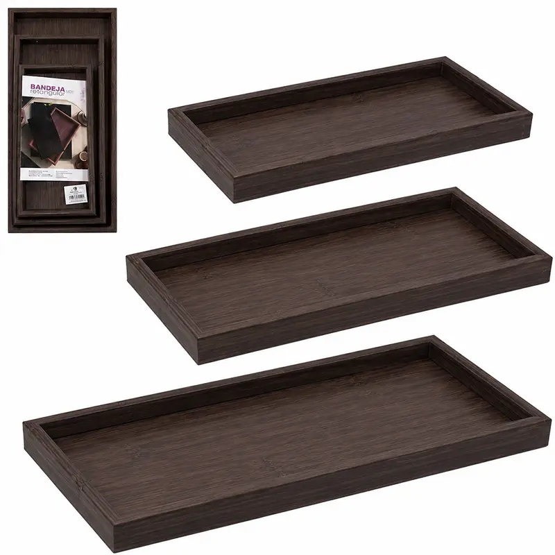BANDEJA DE MADEIRA MDF RETANGULAR DECORATIVA FACILITE.UD COM 3 PECAS 50X21 / 40X18 / 30X15CM