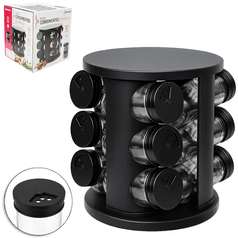 PORTA CONDIMENTO DE VIDRO / PLASTICO 12 PECAS 85ML + ADESIVO / ETIQUETA LOUSA E SUPORTE GIRATORIO REDONDO BLACK