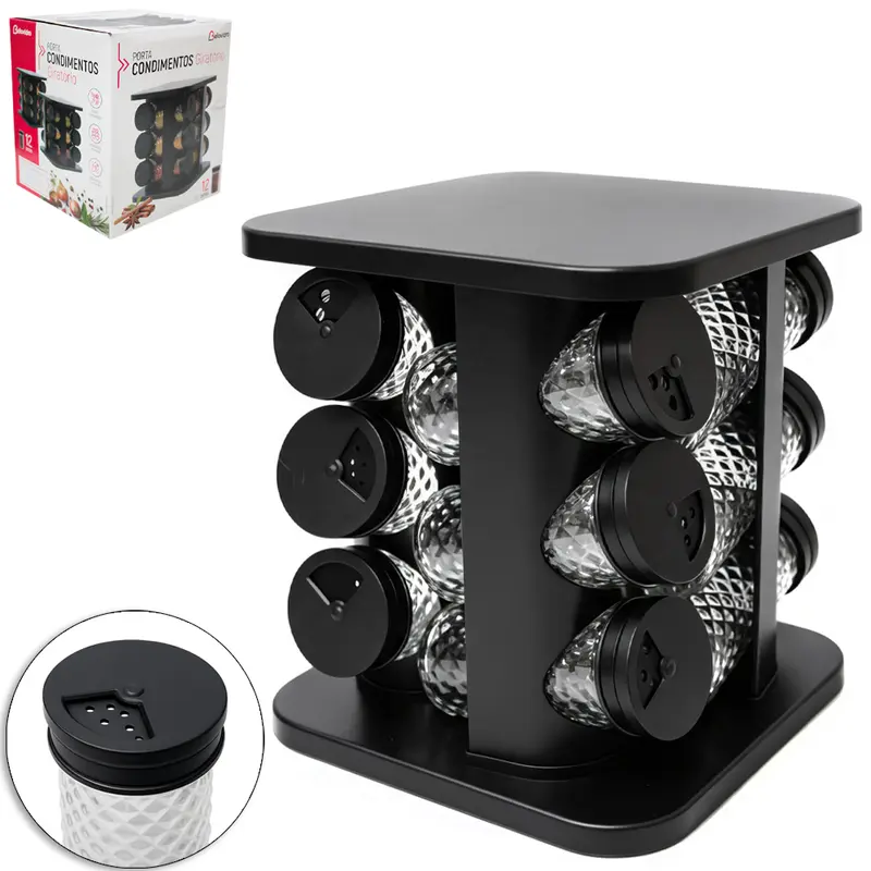 PORTA CONDIMENTO DE VIDRO / PLASTICO 12 PECAS 85ML + ADESIVO / ETIQUETA LOUSA E SUPORTE GIRATORIO QUADRADO BLACK