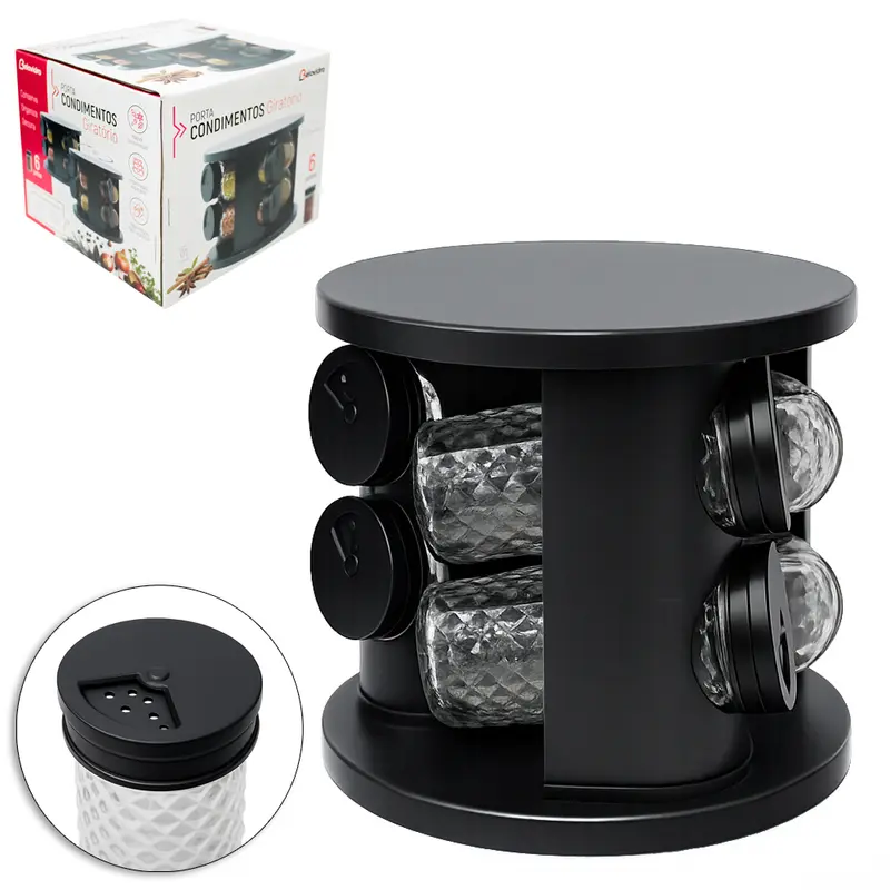 PORTA CONDIMENTO DE VIDRO / PLASTICO COM 6 PECAS 85ML + ADESIVO / ETIQUETA LOUSA E SUPORTE GIRATORIO REDONDO BLACK