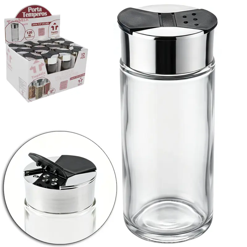 PORTA CONDIMENTO / QUEIJEIRA DE VIDRO COM TAMPA DE PLASTICO METALIZADO PRATA TOP KITCHEN 120ML DP PLAY