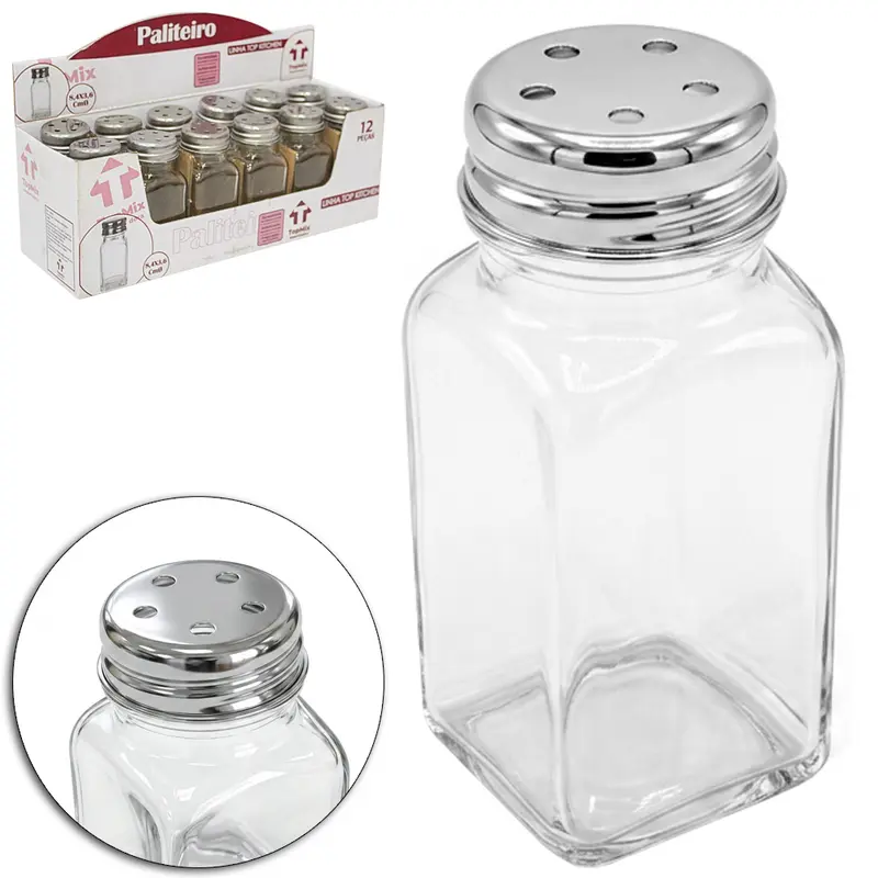 SALEIRO / PALITEIRO / PIMENTEIRO DE MESA DE VIDRO QUADRADO COM TAMPA DE INOX TOP KITCHEN 50ML DP PLAY