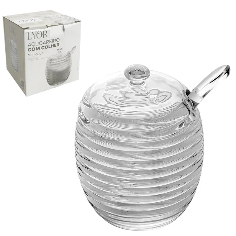 ACUCAREIRO / PORTA CONDIMENTO DE VIDRO COLMEIA COM TAMPA + COLHER DE ACRILICO 210ML NA CAIXA