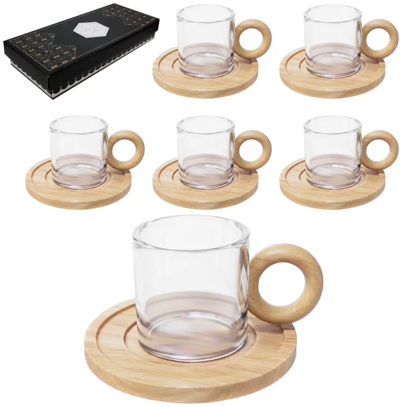 JOGO DE CANECA XICARA VIDRO BOROSSILICATO COM ALCA E ( PORTA COPO ) SUPORTE BAMBU PARA CAFE / CAPPUCCINO 12 PECAS
