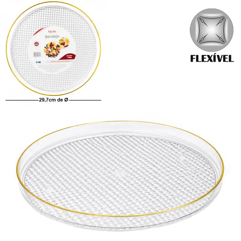 BANDEJA DE PLASTICO PET FLEXIVEL REDONDA COM BORDA DOURADA FACILE 2,5X29,7CM DE Ø