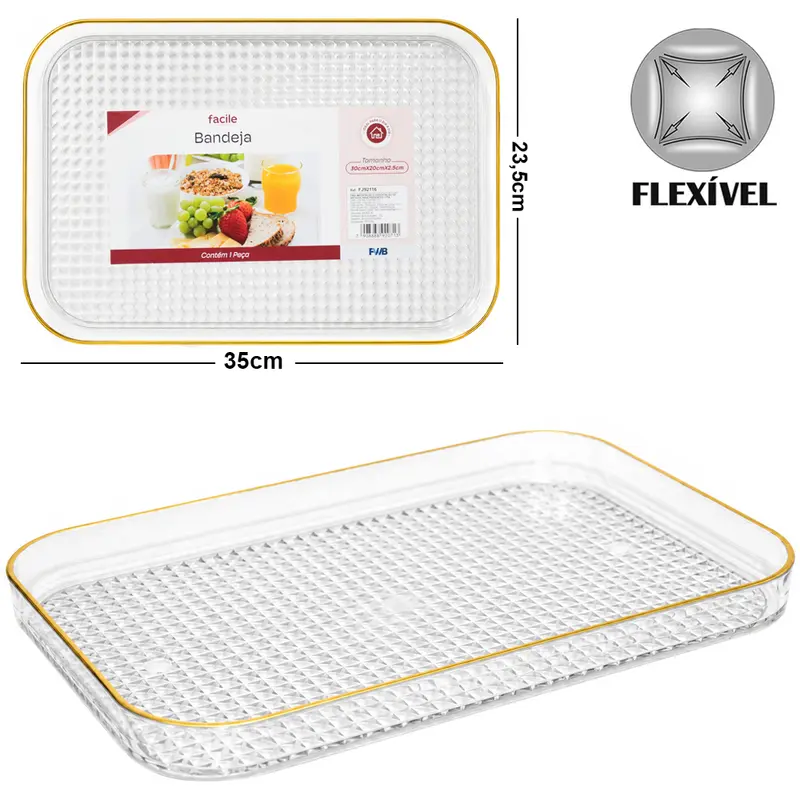 BANDEJA DE PLASTICO PET FLEXIVEL RETANGULAR COM BORDA DOURADA FACILE 35X23,5X2,5CM