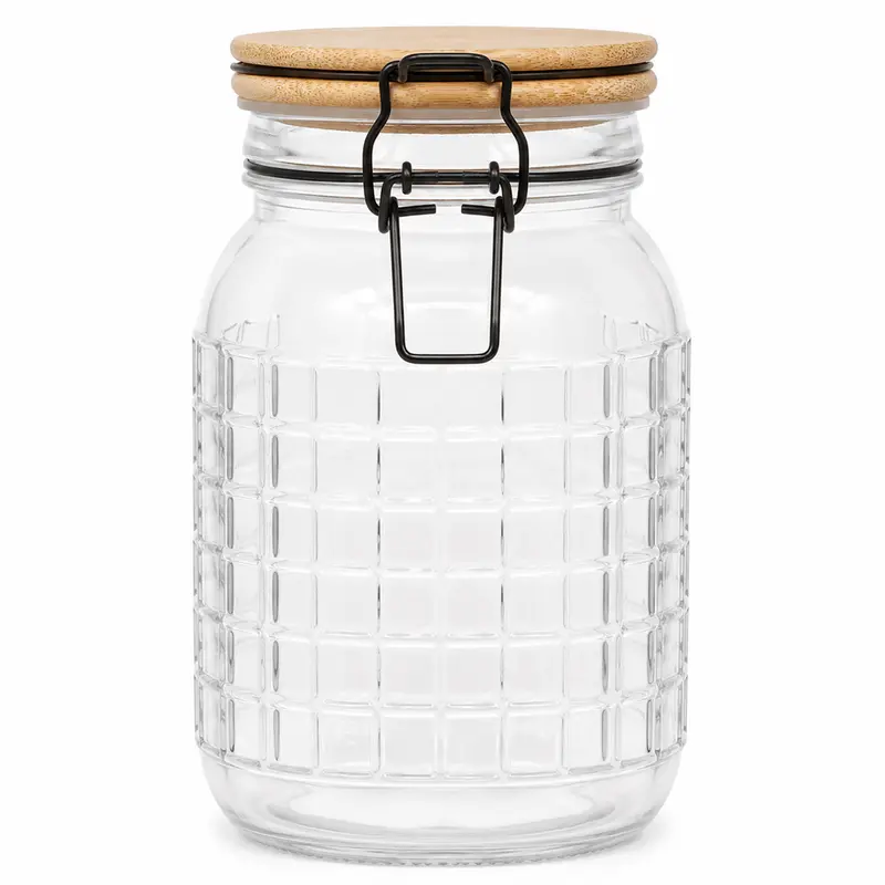 POTE DE VIDRO QUADRADO COM TAMPA HERMETICA DE MADEIRA / BAMBU E FECHO 1,6L