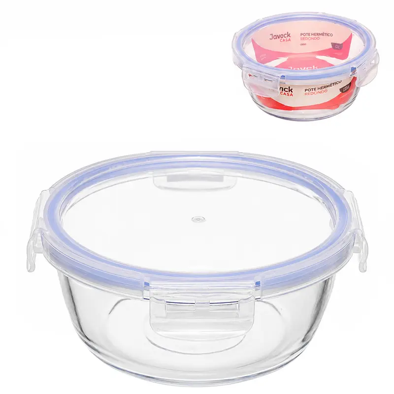 POTE DE VIDRO BOROSSILICATO REDONDO COM TAMPA HERMETICA E TRAVA 580ML