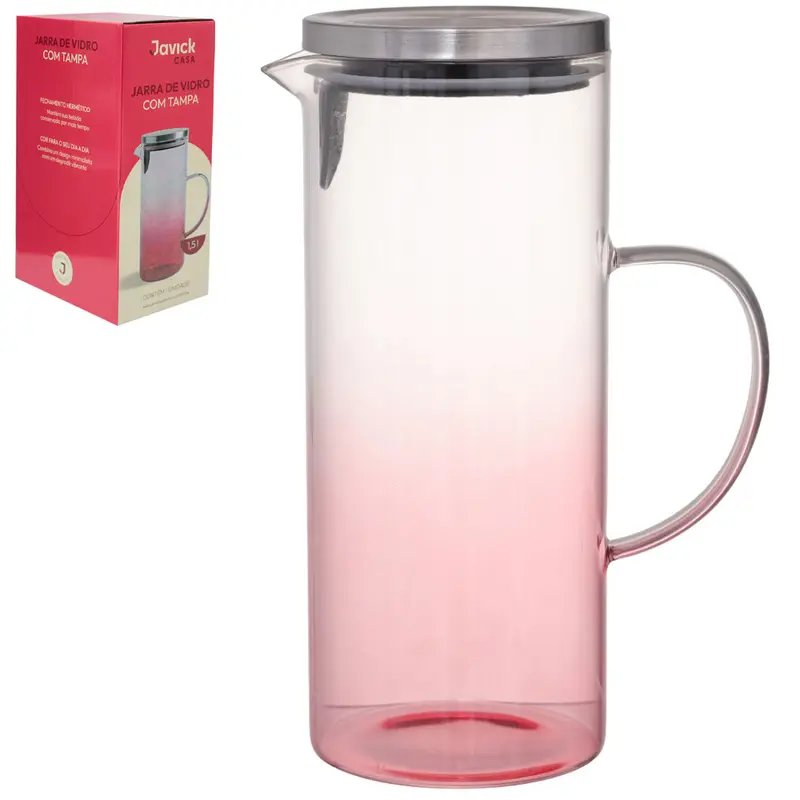 JARRA DE VIDRO BOROSSILICATO DEGRADE ROSA COM TAMPA DE INOX 1,5L