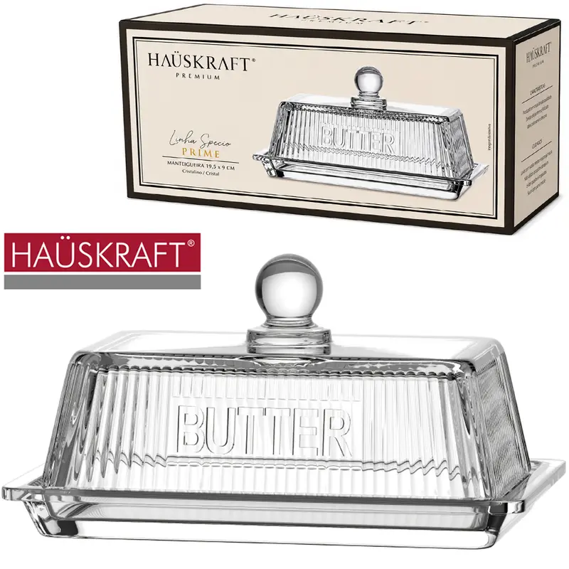MANTEIGUEIRA DE VIDRO RETANGULAR COM TAMPA BUTTER LINHA SERVIR PRINT HAUSKRAFT PREMIUM 16X10X8CM