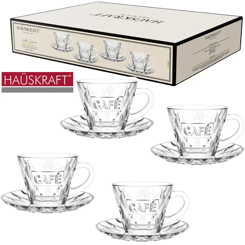 JOGO DE XICARA DE VIDRO COM PIRES PARA CAFE LINHA SERVIR MEMORY HAUSKRAFT PREMIUM 8 PECAS 80ML