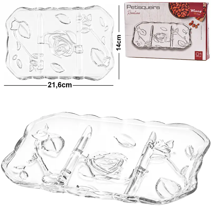 BANDEJA PETISQUEIRA DE VIDRO RETANGULAR COM 3 DIVISORIAS ROSALINA 21,6X14CM