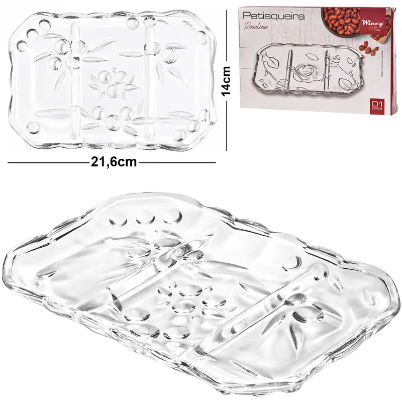 BANDEJA PETISQUEIRA DE VIDRO RETANGULAR COM 3 DIVISORIAS CERISE 21,6X14CM