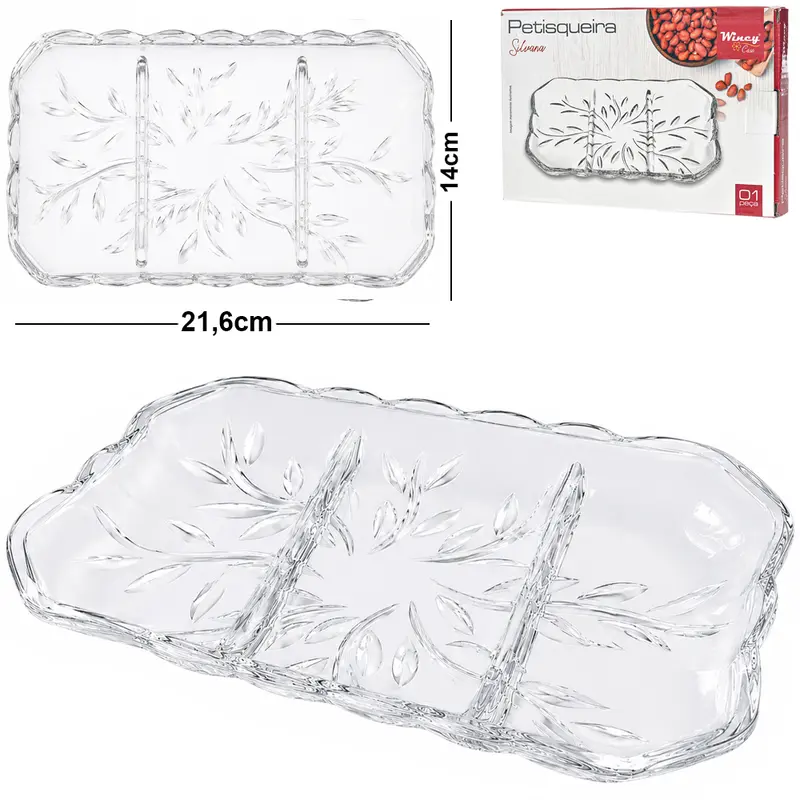BANDEJA PETISQUEIRA DE VIDRO RETANGULAR COM 3 DIVISORIAS SILVANA 21,6X14CM