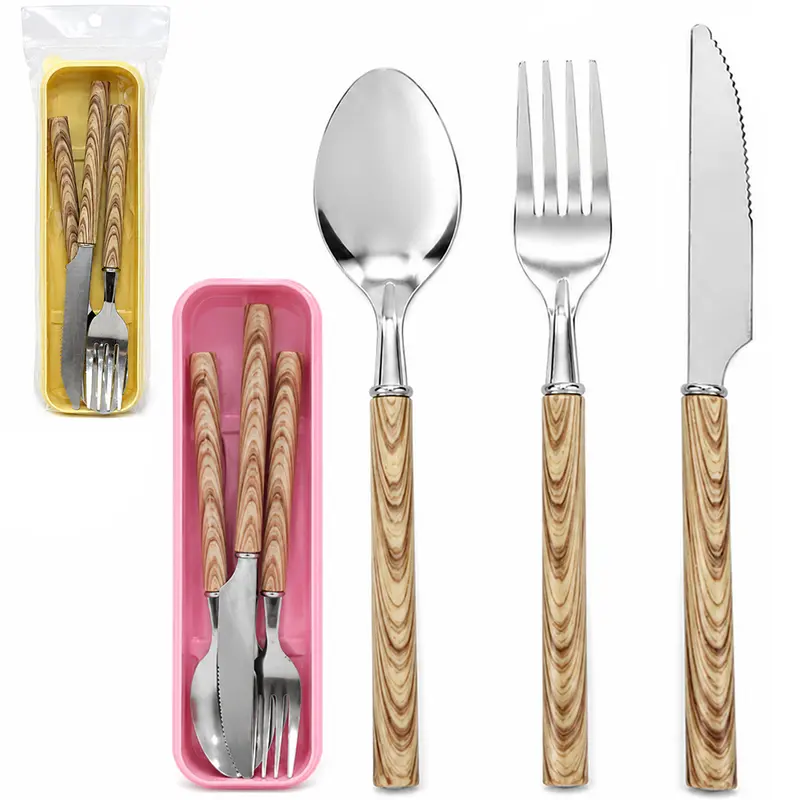 CONJUNTO DE TALHER COM GARFO + FACA E COLHER DE INOX CABO PLASTICO TIPO MADEIRA 3 PECAS NO ESTOJO